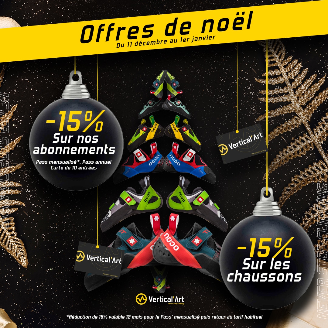 Offres de Noël à Vertical'Art Orléans : 15% sur les formules de grimpe et les chaussons
